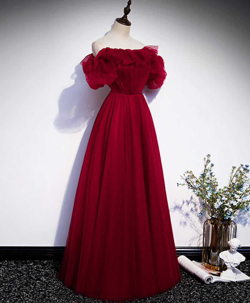 Simple burgundy tulle long prom dress burgundy bridesmaid dress