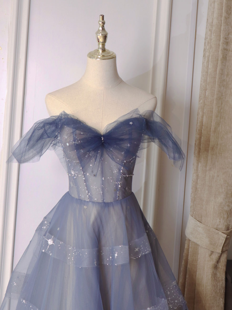 off shoulder prom dress pinterest Blue Lace Tulle Evening Dress Off The Shoulder Prom Dress Lace Wedding Dress Formal Special Occasion