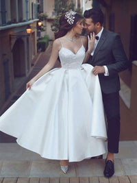 White v neck satin tea length prom dress white formal dress