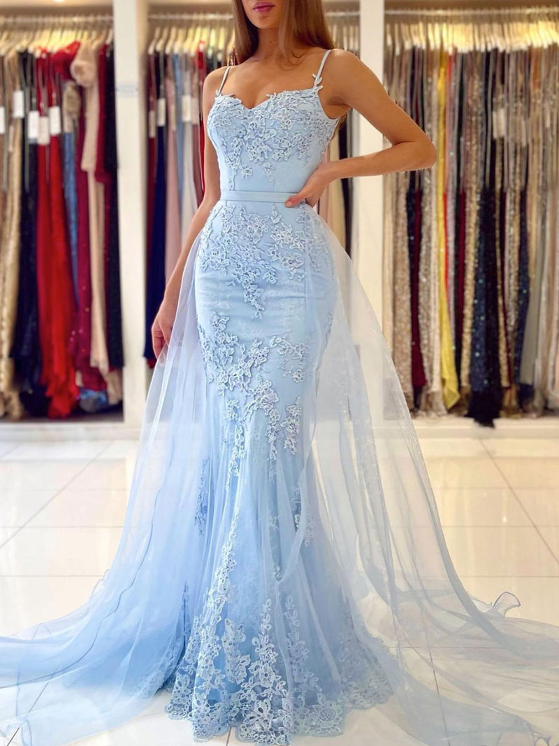 Champagne tulle lace mermaid long prom dress, lace evening dress