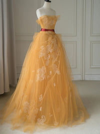 Yellow tulle lace long prom dress, yellow tulle formal dress