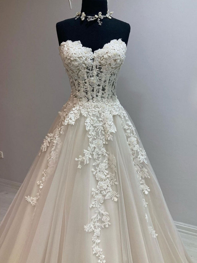 Unique tulle lace long wedding dress, tulle lace bridal dress