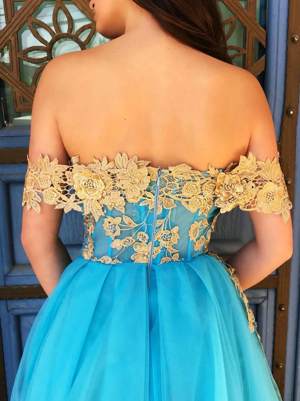 Aline Blue Lace Long Prom Dress, Blue Formal Graduation Dresses โ toptby