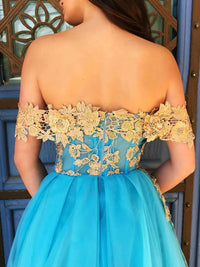 Aline Blue Lace Long Prom Dress, Blue Formal Graduation Dresses