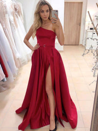 Burgundy simple satin long prom dress burgundy bridesmaid dress