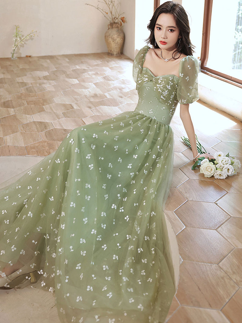 Green tulle long prom dress, green tulle formal dress