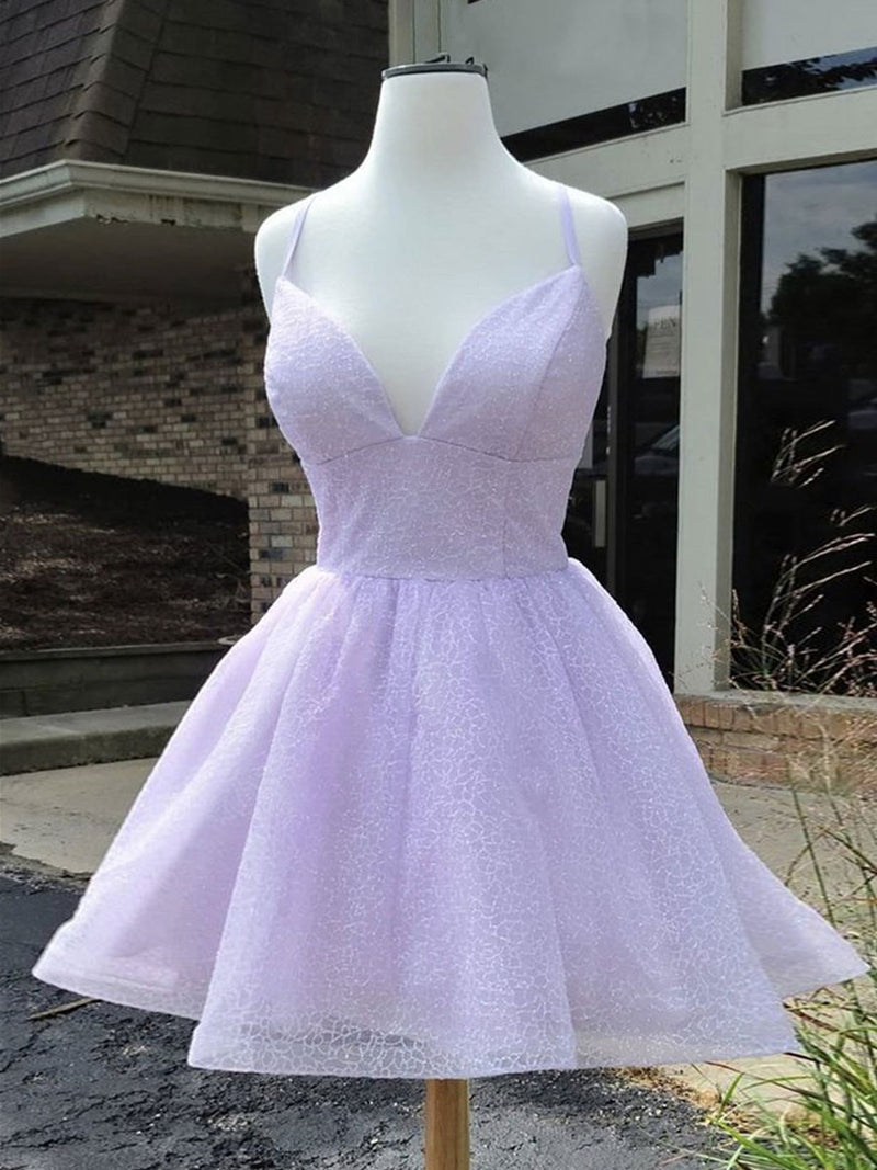 Purple v neck tulle sequin short prom dress, purple homecoming dress