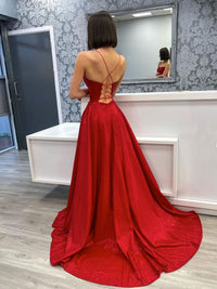 Simple burgundy satin long prom dress, burgundy evening dress