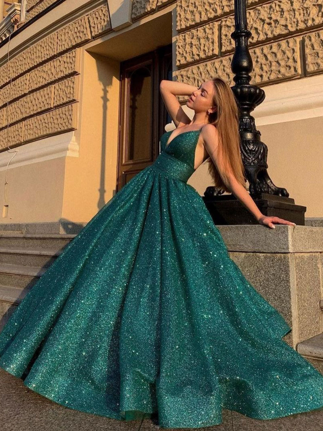 Green v neck sequin long prom dress, green tulle formal dress Green v neck sequin long prom dress, green tulle formal dress