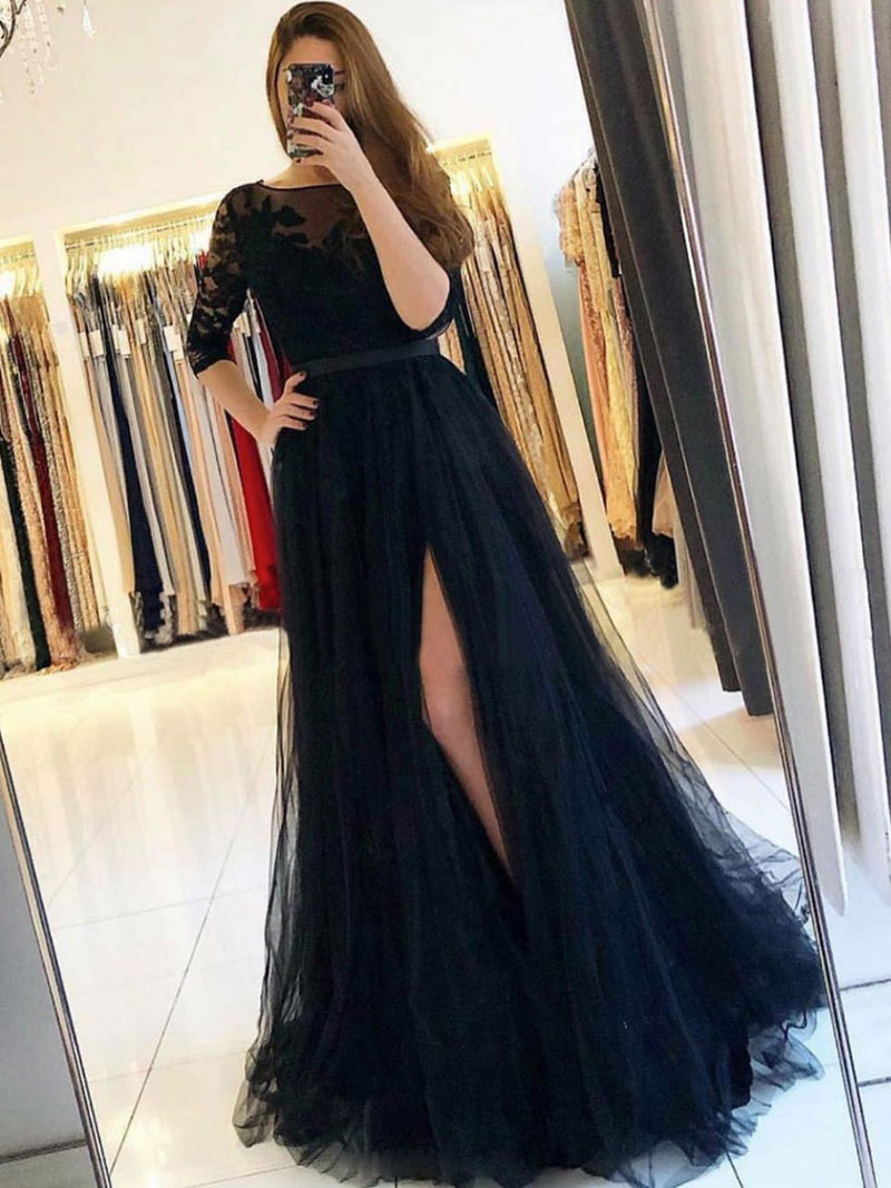 Black tulle lace long prom dress, black tulle formal dress
