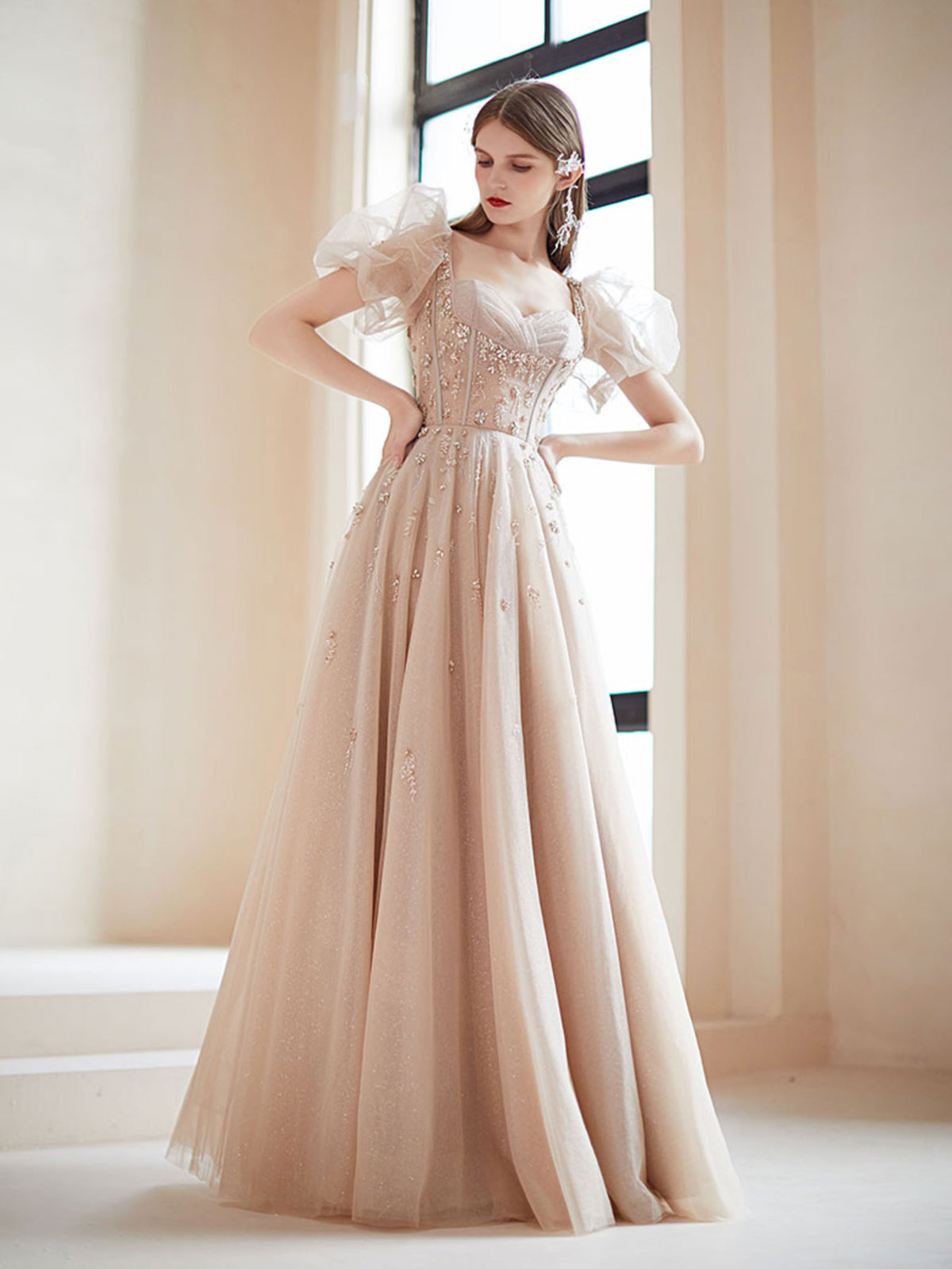 Champagne tulle A line beads long prom dress, champagne evening dress