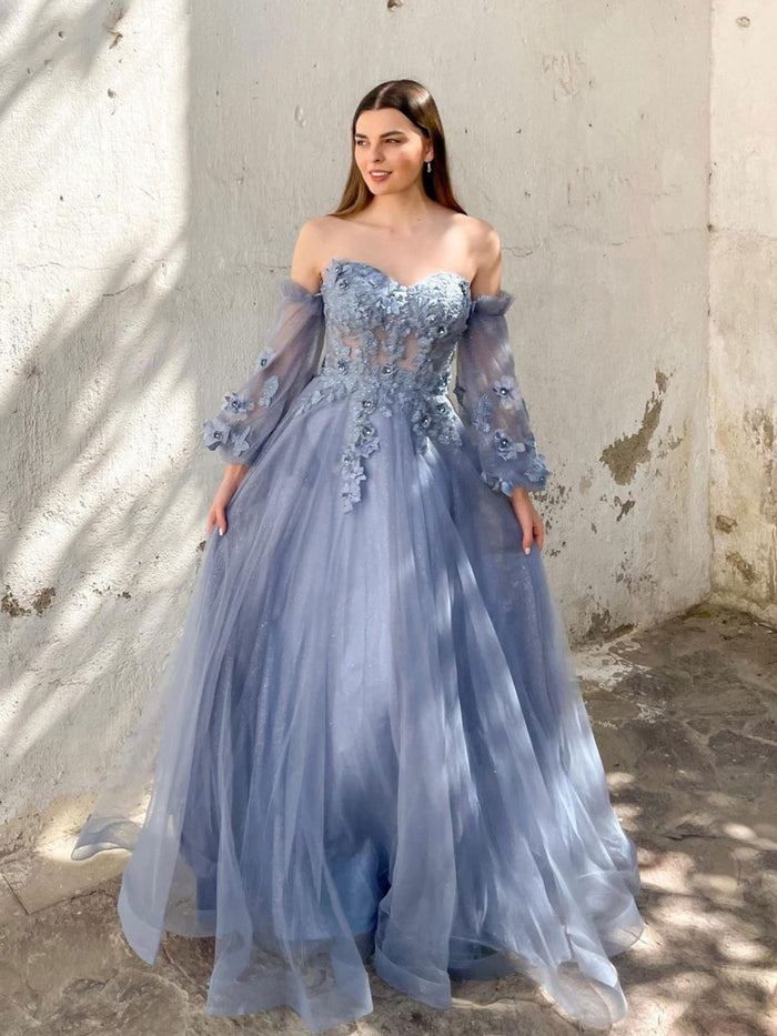 A-Line Sweetheart Neck Tulle Lace Gray Blue Long Prom Dress, Lace Formal Dresses