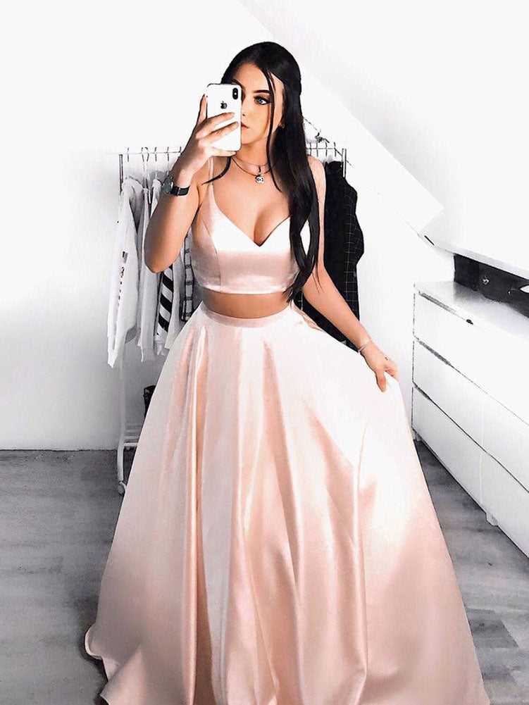Simple pink two pieces long prom dress pink formal dress