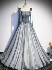 A-Line  Tulle Gray Long Prom Dress, Gray Formal Graduation Dress with Beading