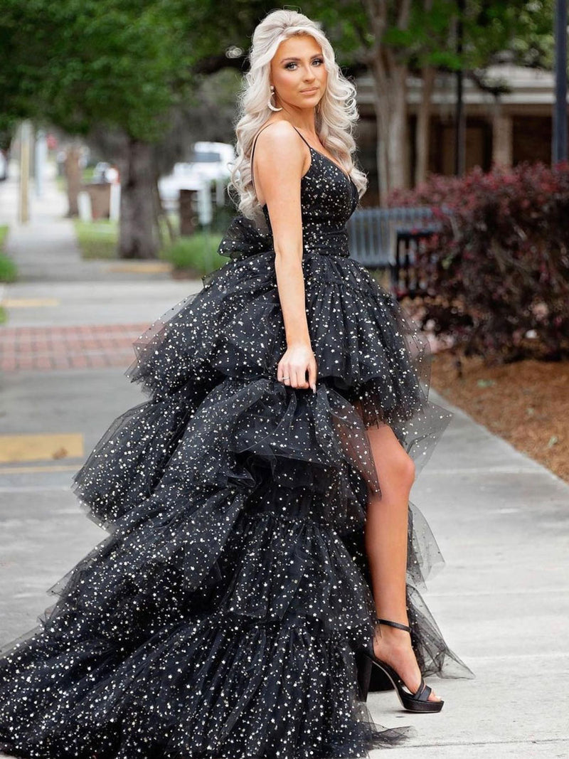 Black v neck tulle long prom dress, black tulle formal dress