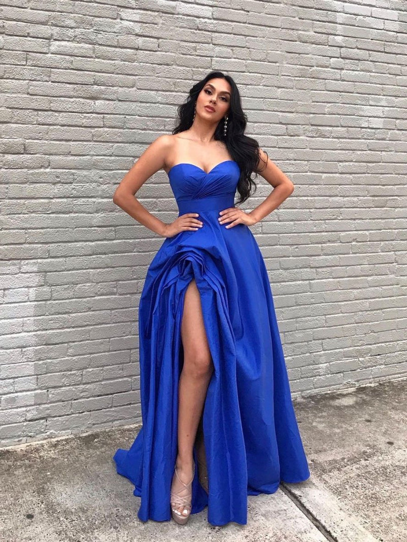blue evening dress ,Simple blue satin long prom dress,