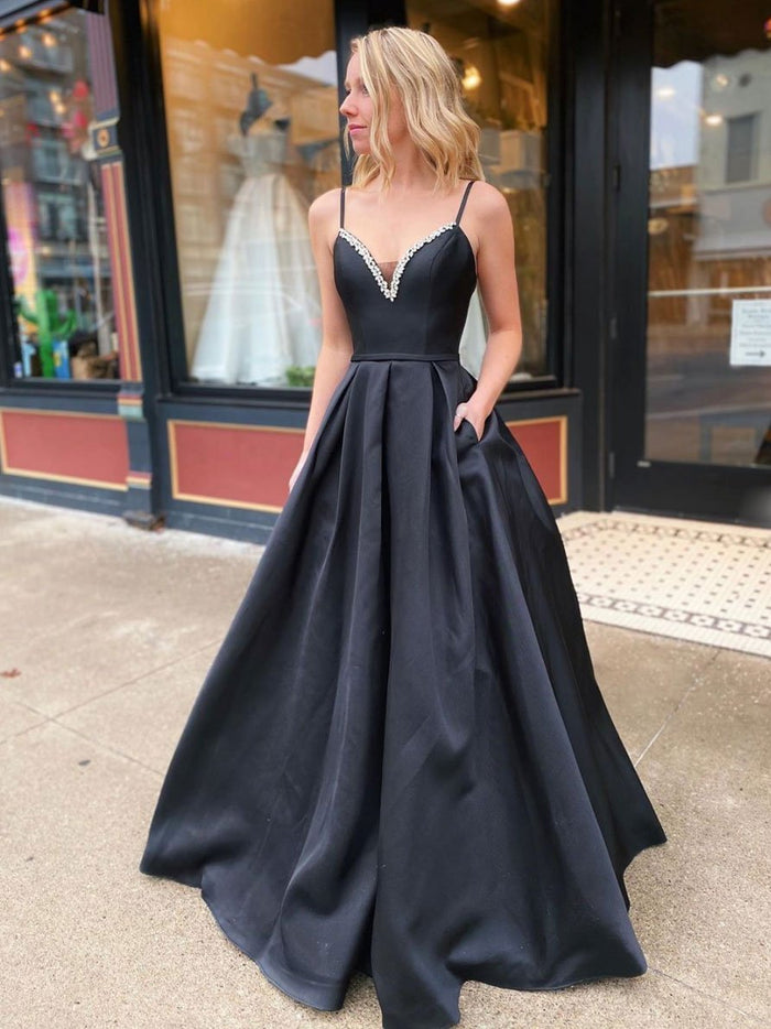 Simple black satin long prom dress, black satin evening dress