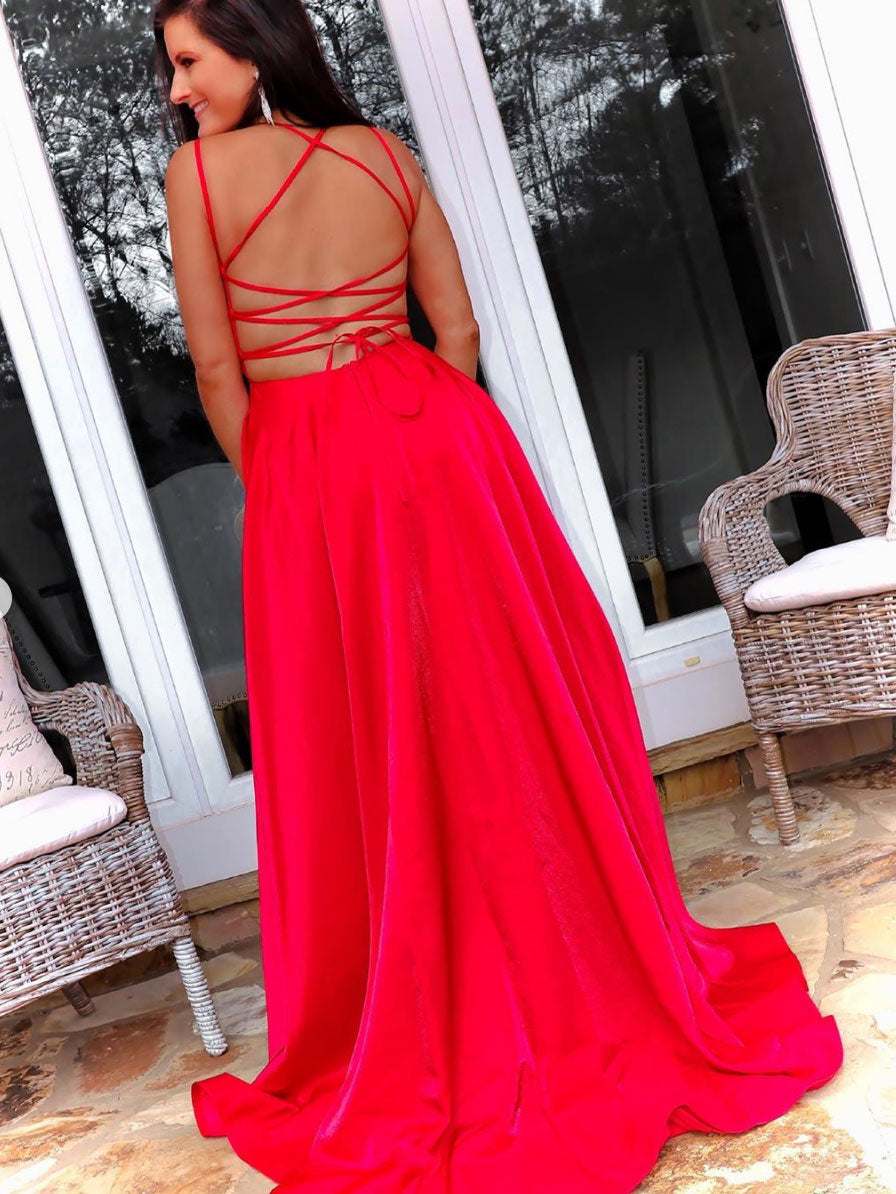 Red satin long prom dress red long evening dress