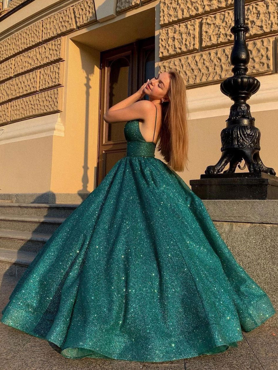 Green v neck sequin long prom dress, green tulle formal dress toptby Green v neck sequin long prom dress, green tulle formal dress toptby