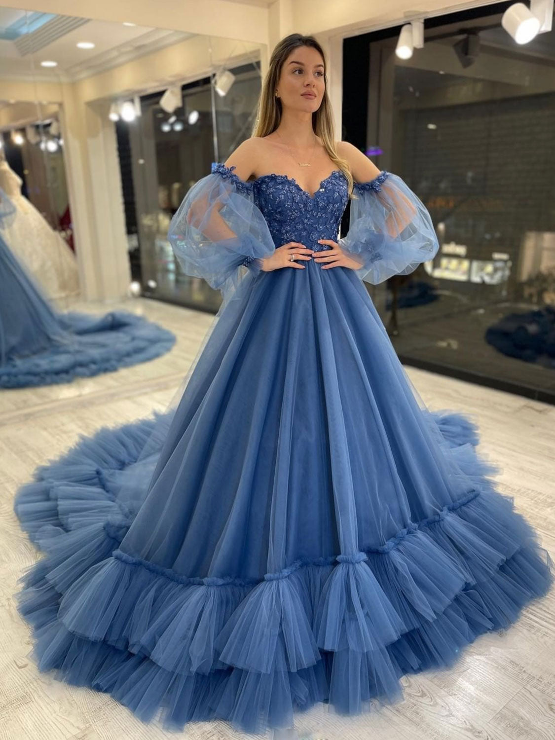 Sweetheart Neck Blue Long Prom Dresses, Blue Formal Gown Evening Dresses