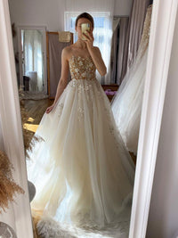 Champagne tulle lace long prom dress, A line evening dress
