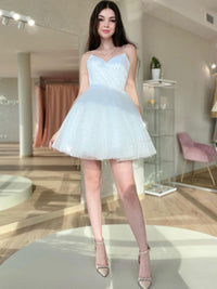 White Short Prom Dresses, White Mini Puffy Homecoming Dresses