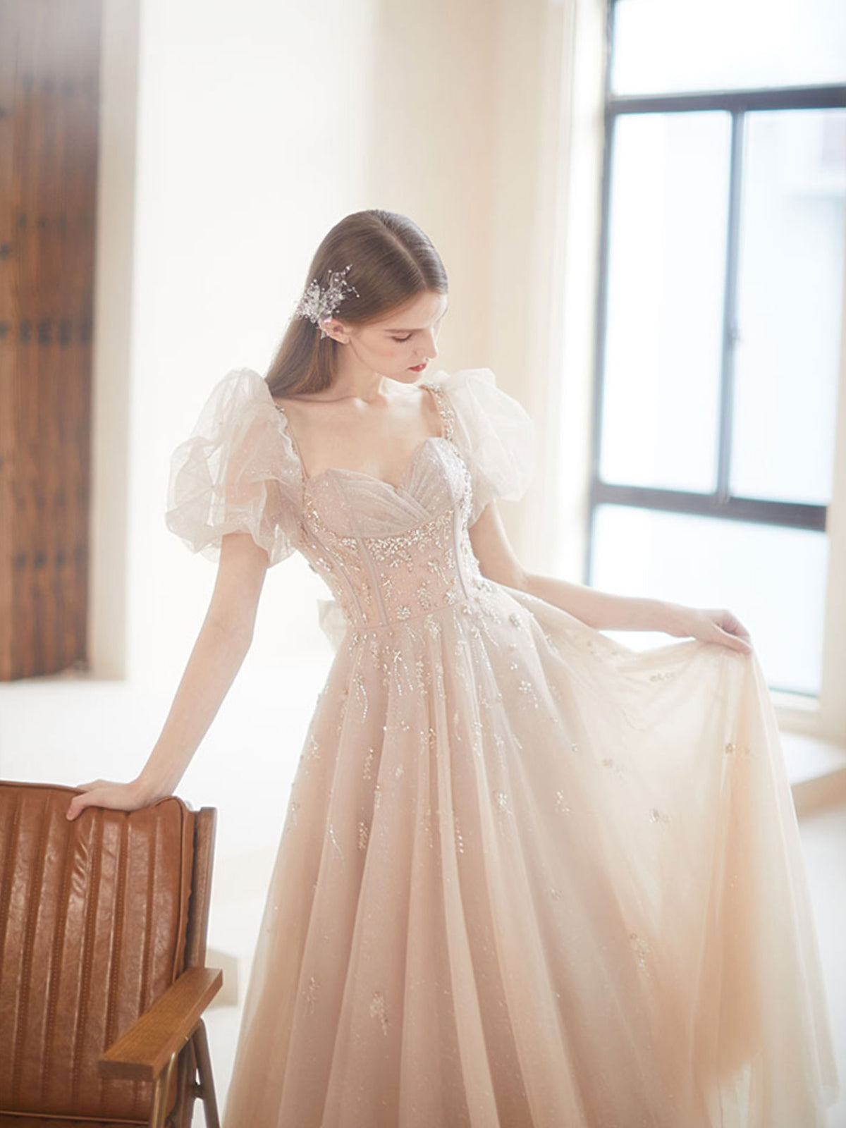 Champagne tulle A line beads long prom dress, champagne evening dress – toptby