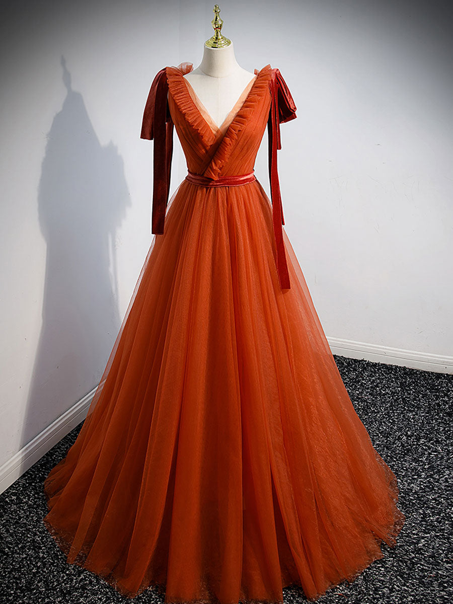 V Neck Tulle Brick Red Long Prom Dresses, Simple Formal Gown Graduatio toptby V Neck Tulle Brick Red Long Prom Dresses, Simple Formal Gown Graduatio toptby
