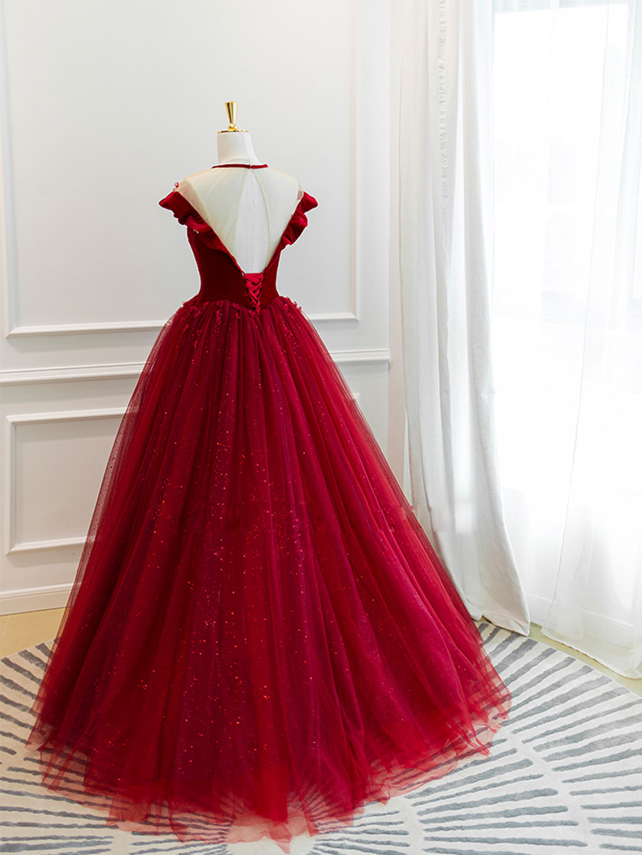 Burgundy tulle off shoulder long prom dress, burgundy tulle formal dre toptby Burgundy tulle off shoulder long prom dress, burgundy tulle formal dre toptby