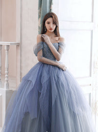 Blue tulle sequin long prom dress, blue tulle formal dress