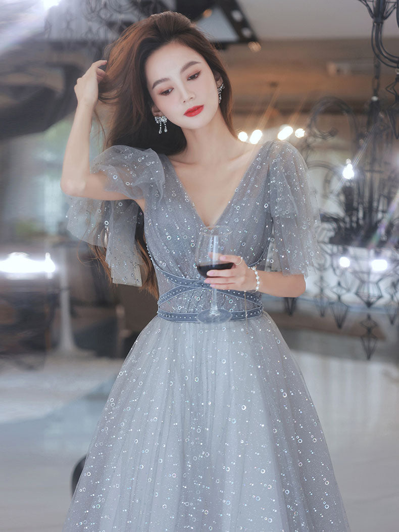 grey puffy prom dress Lovely Grey Shiny Tulle V-neckline Puffy Sleeves Long Prom Dresses, Gr Cutedressy