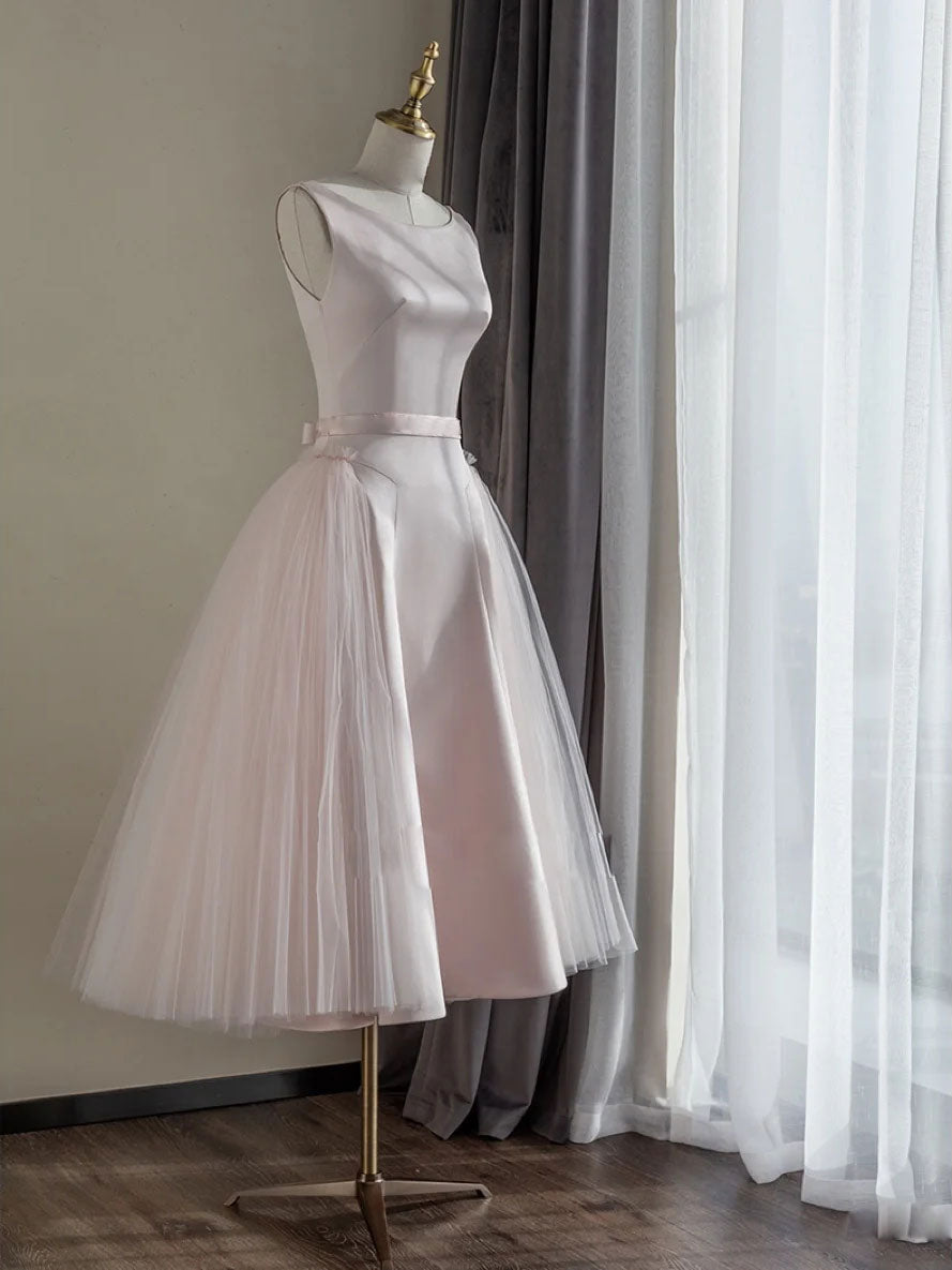 Simple round neck satin short prom dress, pink tulle bridesmaid dress
