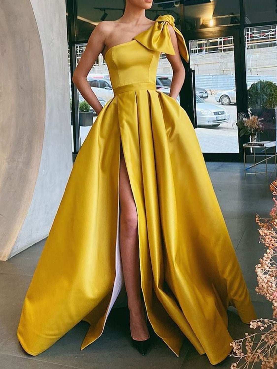 Yellow one shoulder satin long prom dress, yellow evening dress Yellow one shoulder satin long prom dress, yellow evening dress