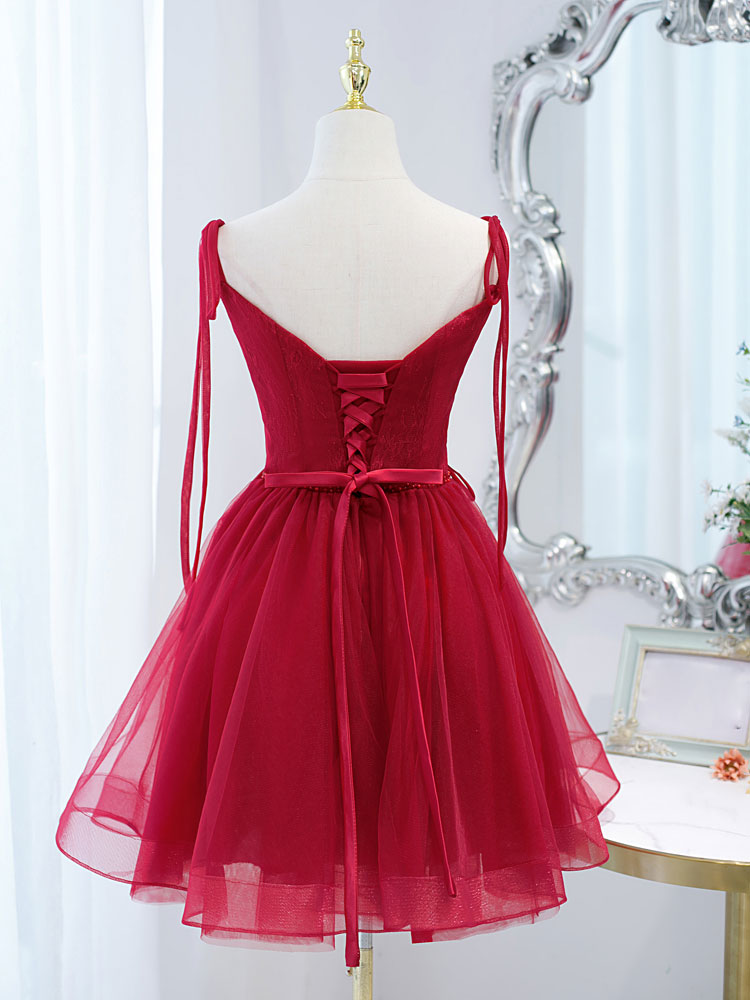 Burgundy tulle lace short prom dress, burgundy homecoming dress