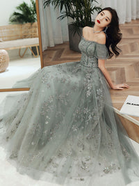 Gray green tulle lace long prom dress gray green evening dress toptby Gray green tulle lace long prom dress gray green evening dress toptby