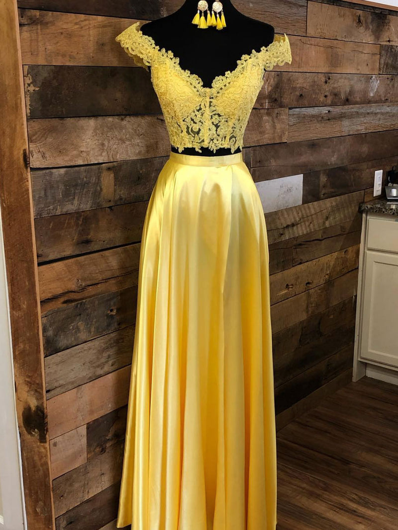 Yellow lace off shoulder long prom dress yellow evening dress