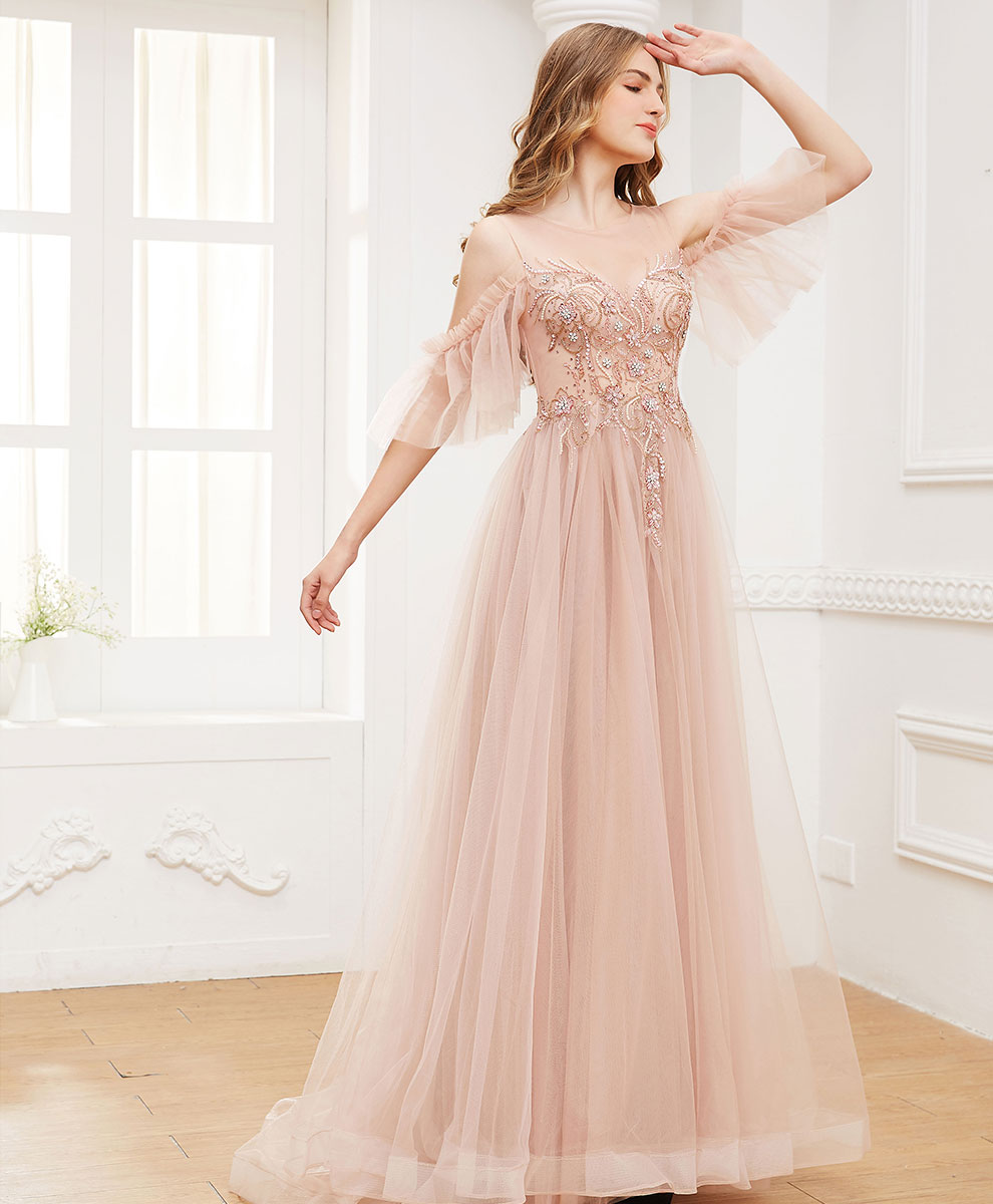 Pink round neck tulle beads long prom dress formal dress