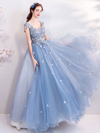 Unique blue tulle lace long prom dress, blue evening dress