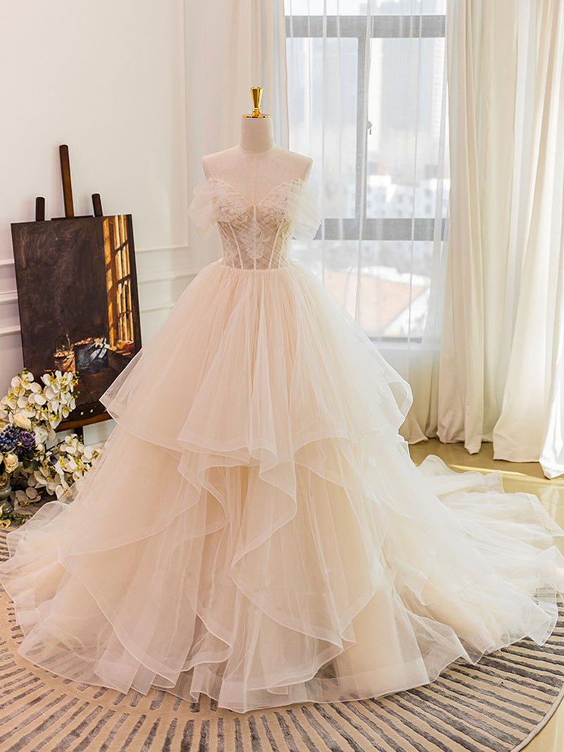 Champagne sweetheart neck tulle lace long wedding dress, lace bridal dress