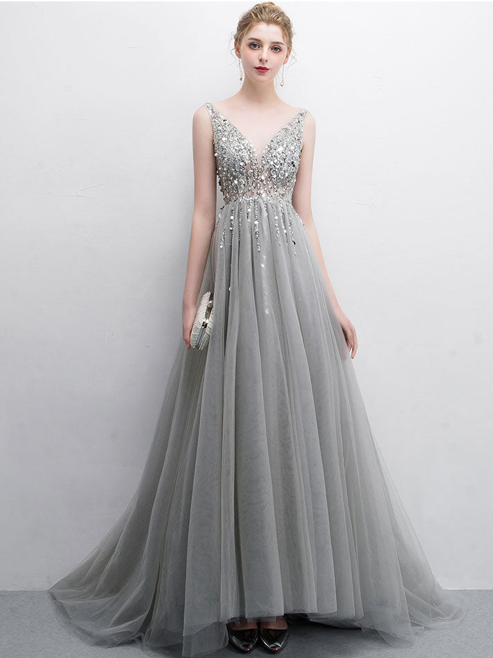 Gray tulle v neck sequin long prom dress, gray tulle evening dress
