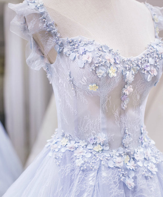 Light purple tulle lace long prom dress, purple evening dress