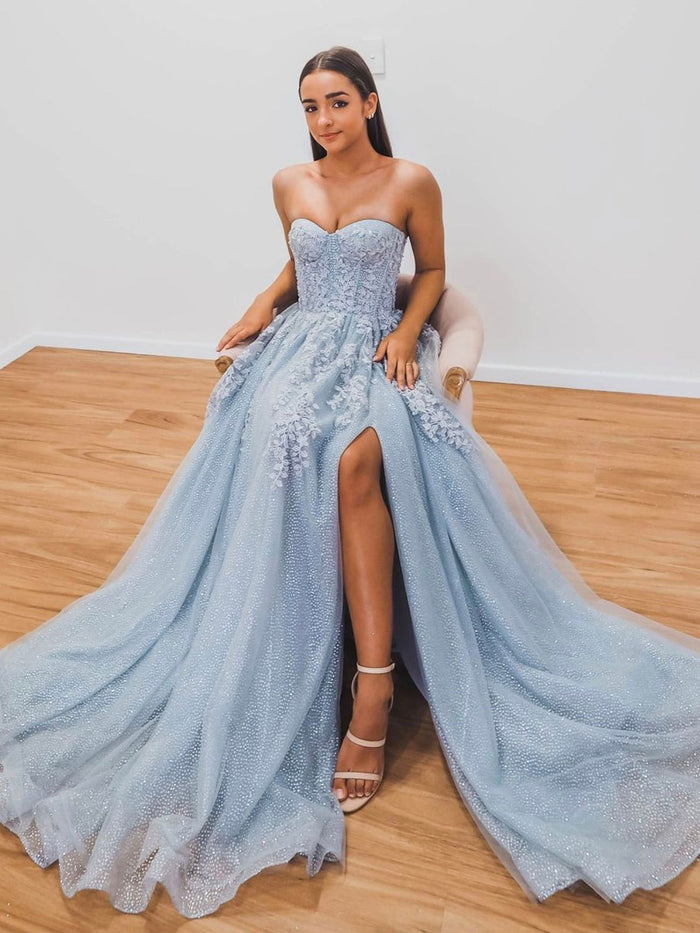 Gray tulle lace long prom dress, tulle formal dress