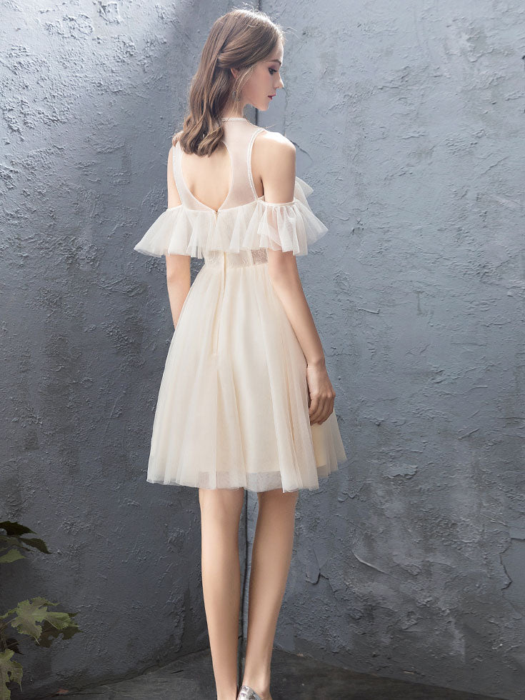 Cute champagne tulle short prom dress, tulle homecoming dress