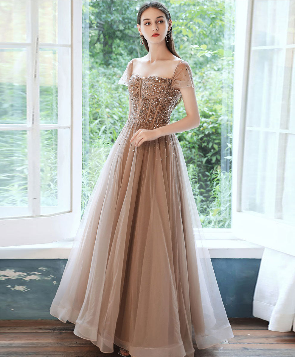 Champagne tulle sequin beads long prom dress champagne evening dress