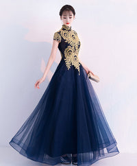 Dark blue lace tulle long prom dress, blue evening dress