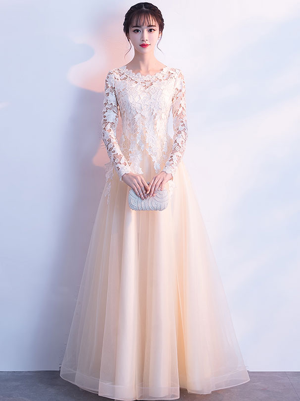 Champagne lace tulle long prom dress, champagne tulle evening dress