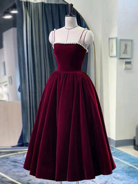 Burgundy Velvet tea length prom dress, burgundy evening dress