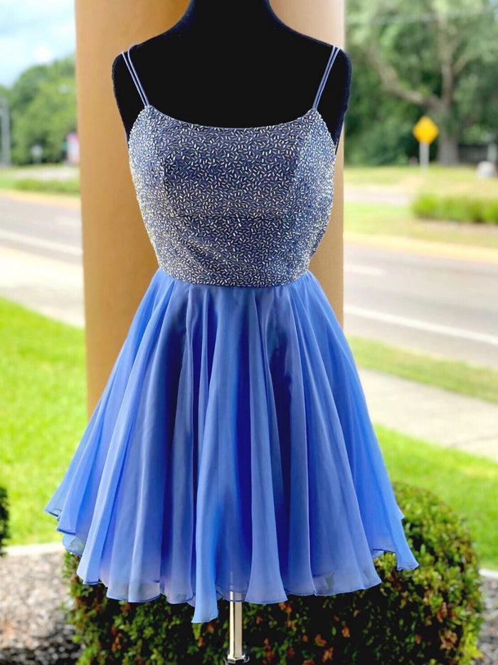 Blue chiffon beads backless short prom dress, blue homecoming dress
