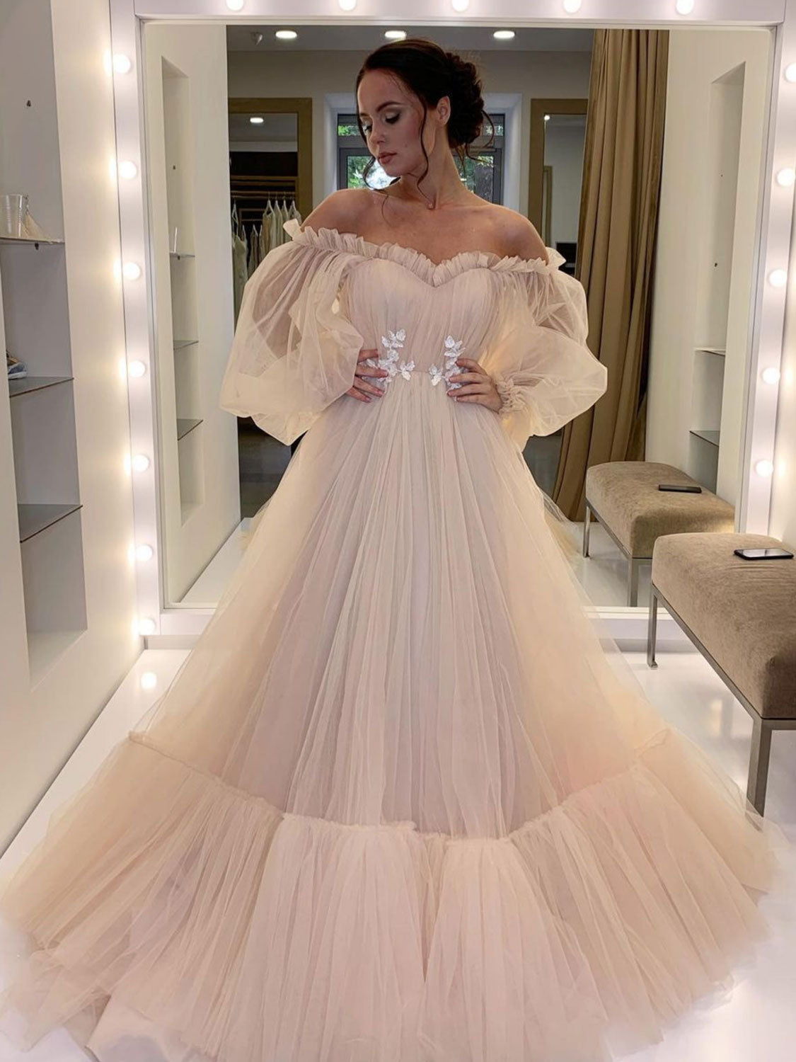 Champagne tulle lace long prom dress, champagne evening dress – toptby