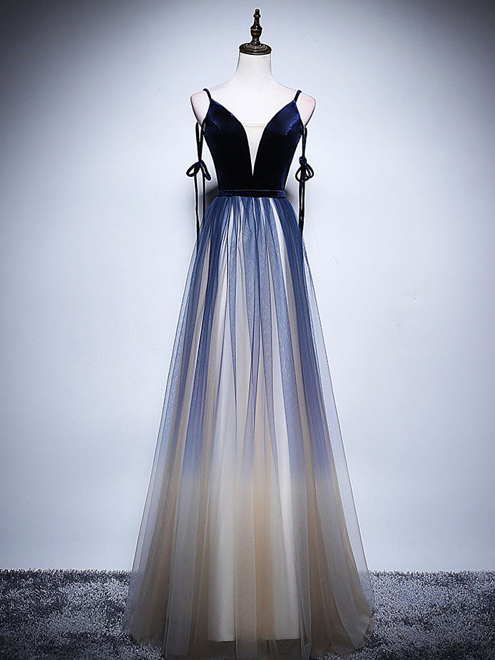 Dark blue tulle long prom dress, tulle blue evening dress